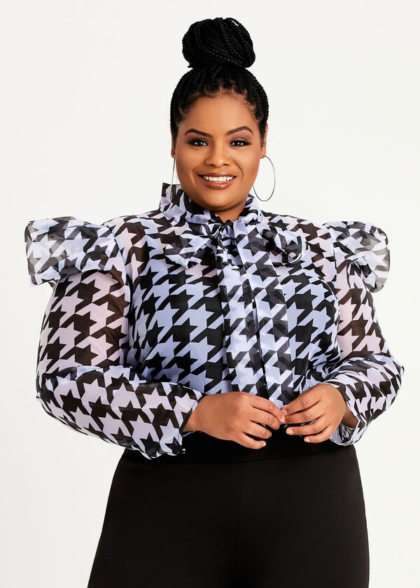 Plus Size Houndstooth Sheer Tie Mock Neck Puff Sleeve Button Up Top