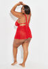 Lace Trimmed Mesh Babydoll Set, Racing Red image number 1