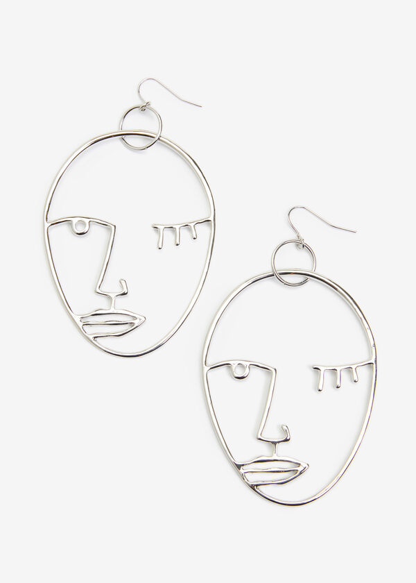 Silver Tone Face Dangle Earrings, Silver image number 1
