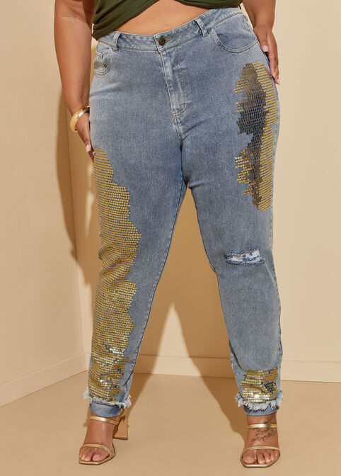 Distressed Sequined Skinny Jeans, Dk Rinse image number 2