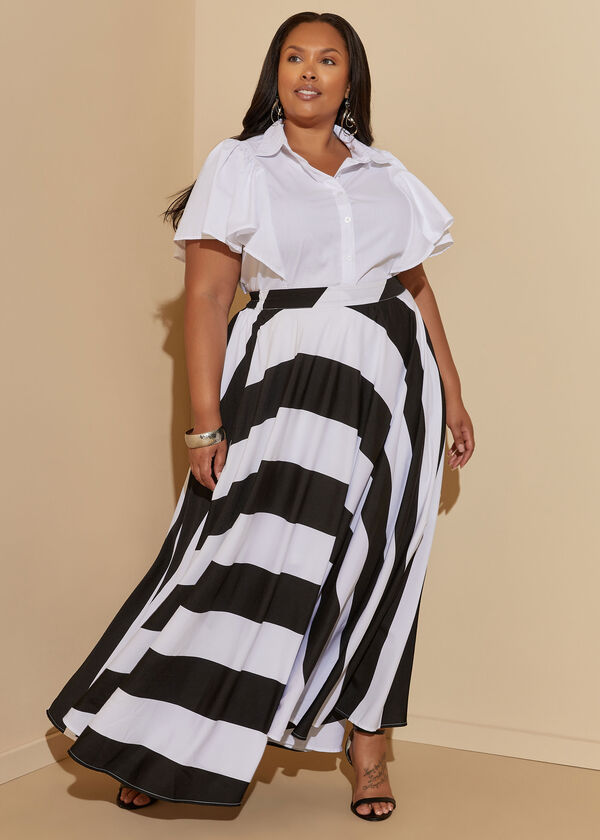 Striped Maxi Skirt, White Black image number 2