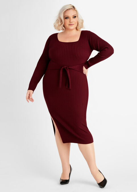 Belted Square Neck Sweater Dress, Wine image number 0
