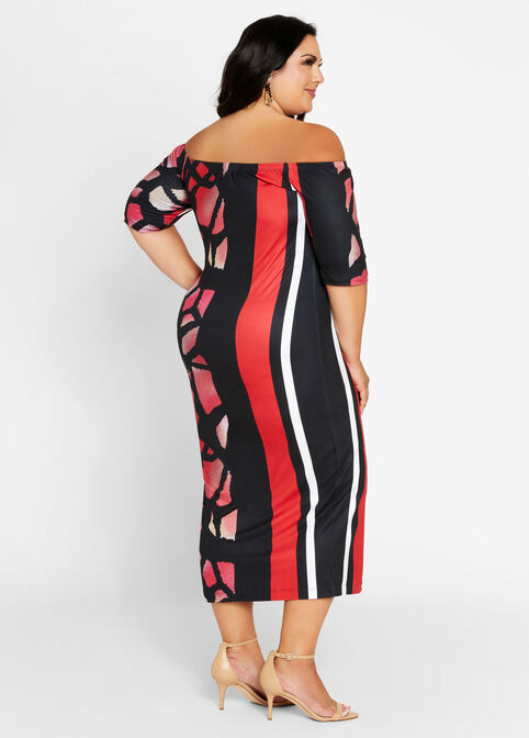 Abstract Bodycon Midi Dress, Red image number 1