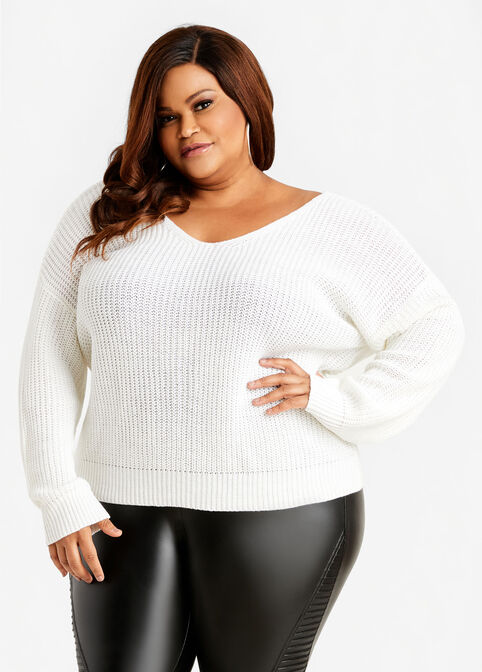 Knot Plunge Back Sweater, White image number 1