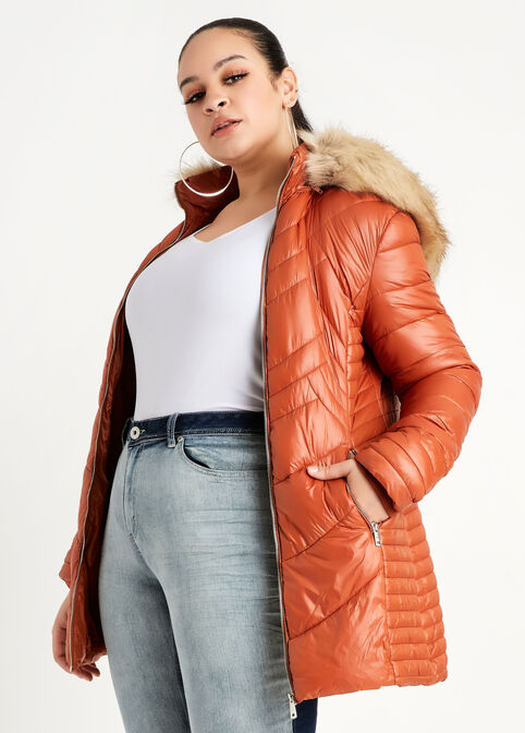 Quilted Faux Fur Trim Hooded Coat, Rust image number 0
