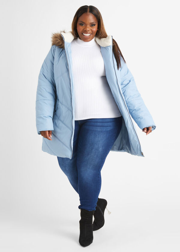Faux Shearling Trimmed Puffer Coat, Blue image number 3