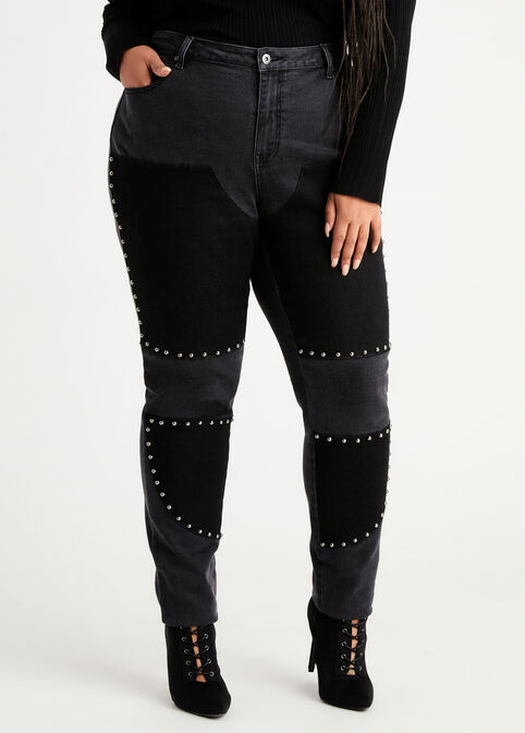 Plus Size Studded Patchwork High Waist Colorblock Sexy Skinny Jeans image number 0