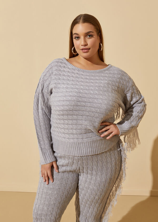 Fringed Cable Knit Sweater, Heather Grey image number 0