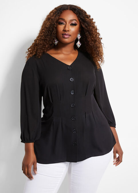 Plus Size Chic Solid Pleated Chiffon Button-Up Blouse Top image number 0