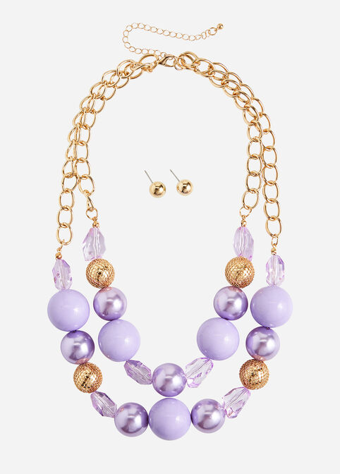 Statement Jewelry Purple Layered Bead Necklace Set image number 0
