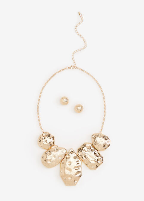Gold Hammered Necklace Set, Gold image number 0
