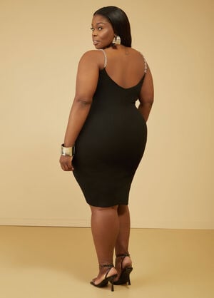 Chain Trimmed Ribbed Bodycon Dress, Black image number 1