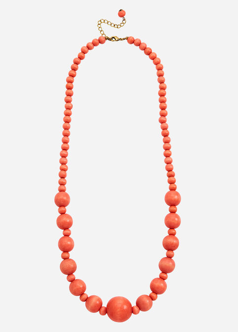 Long Beaded Wood Necklace, Papaya image number 0