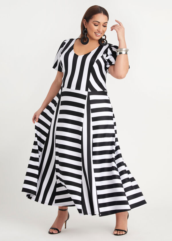 Stripe Puff Sleeve Godet Maxi, Black White image number 0