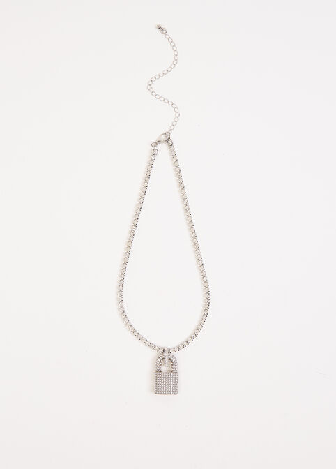 Crystal Embellished Lock Necklace, Silver image number 1