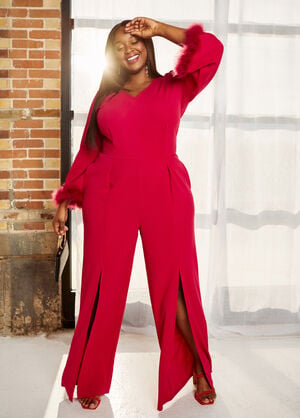 Feather Trimmed Front Split Jumpsuit, Barbados Cherry image number 0