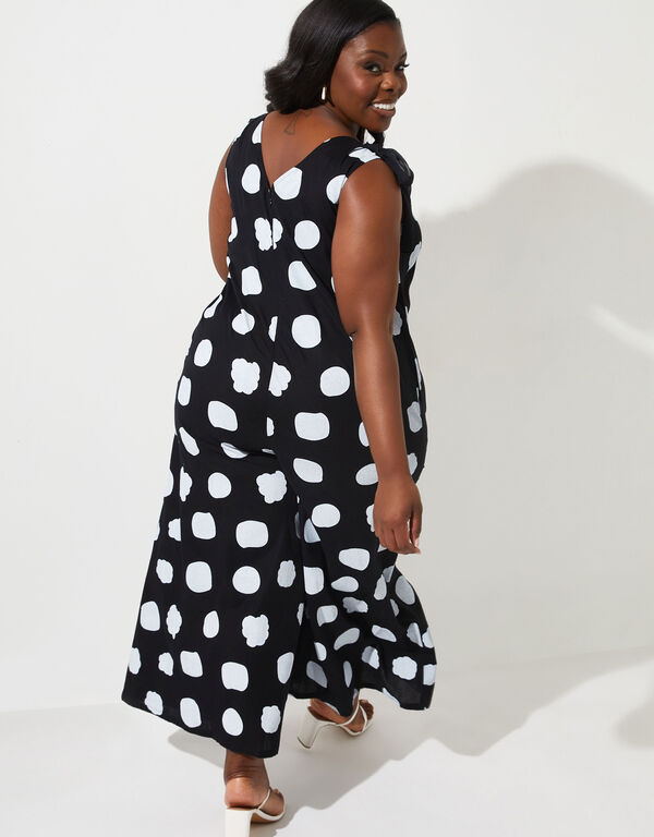 Polka Dot Linen Wide Leg Jumpsuit, Black White image number 1