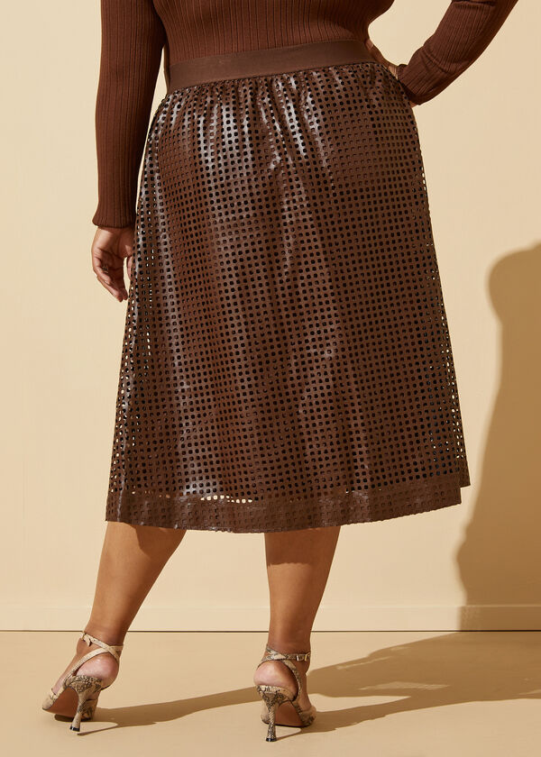 Perforated Faux Leather Midi Skirt, Brown image number 1