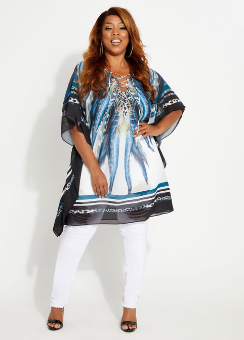 Abstract Lace Up Semi Sheer Poncho, Blue image number 0