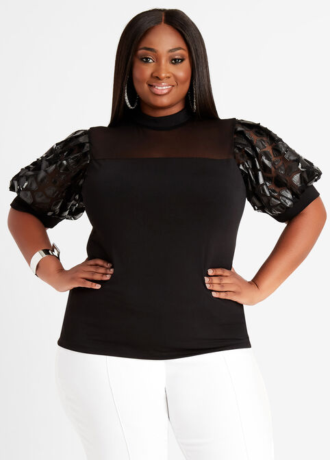 Faux Leather Puff Sleeve Top, Black image number 0
