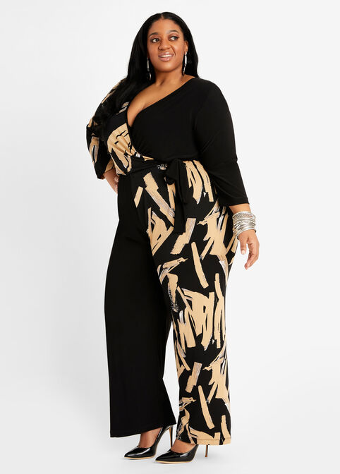 Abstract Colorblock Wrap Jumpsuit, Black Combo image number 0