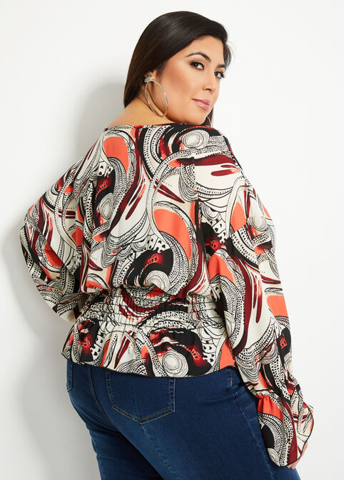 Abstract Mock Wrap Peasant Top, Hot Coral image number 1