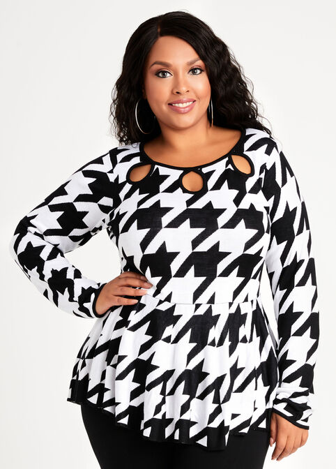 Cutout Houndstooth Peplum Sweater, Black White image number 0