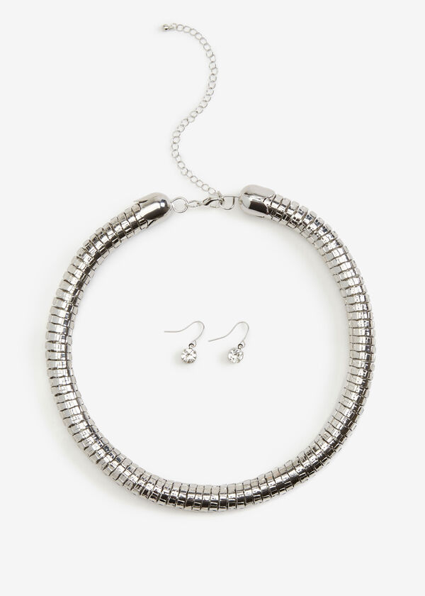 Silver Tone Choker & Earrings Set, Silver image number 0