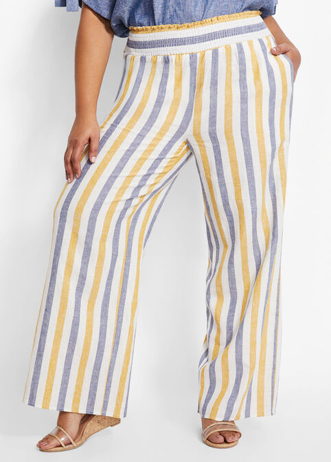 Striped Linen Wide Leg Pant, White image number 0