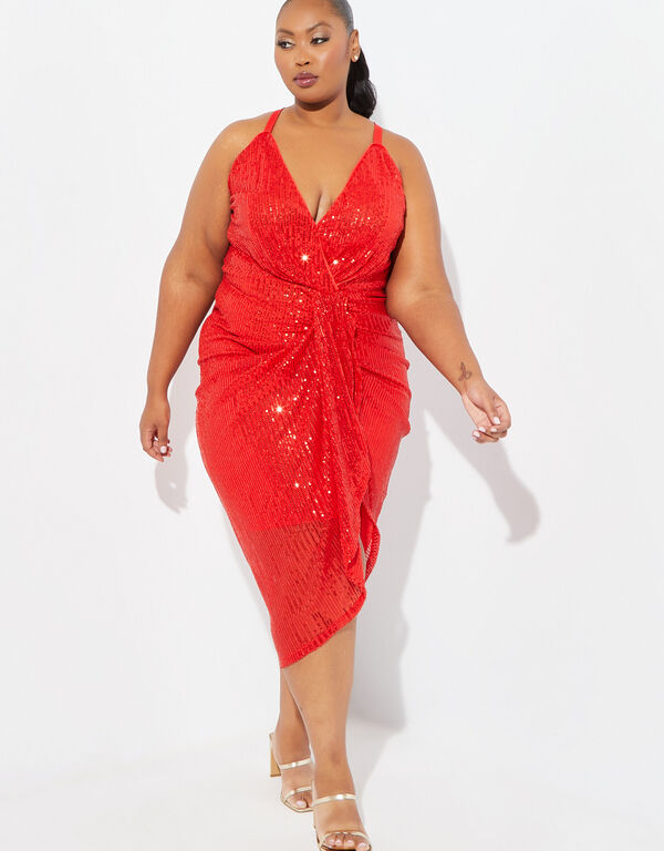 Sequined Draped Midi Dress, Red image number 0