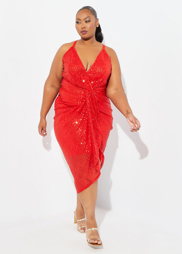Sequined Draped Midi Dress, Red image number 0