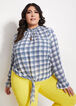 Plaid Keyhole Tie Front Top, Navy image number 0