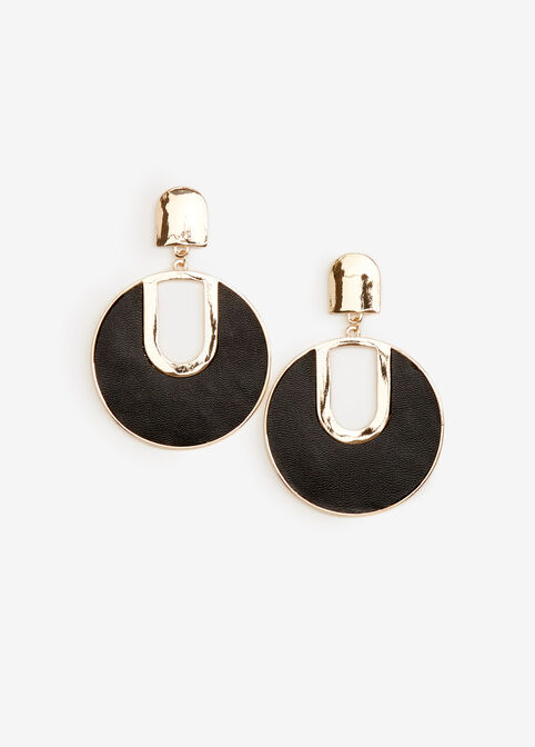 Faux Leather & Gold Drop Earrings, Black image number 0