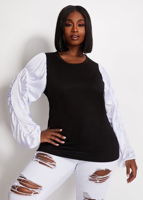Colorblock Satin Ruched Sleeve Top, Black image number 0