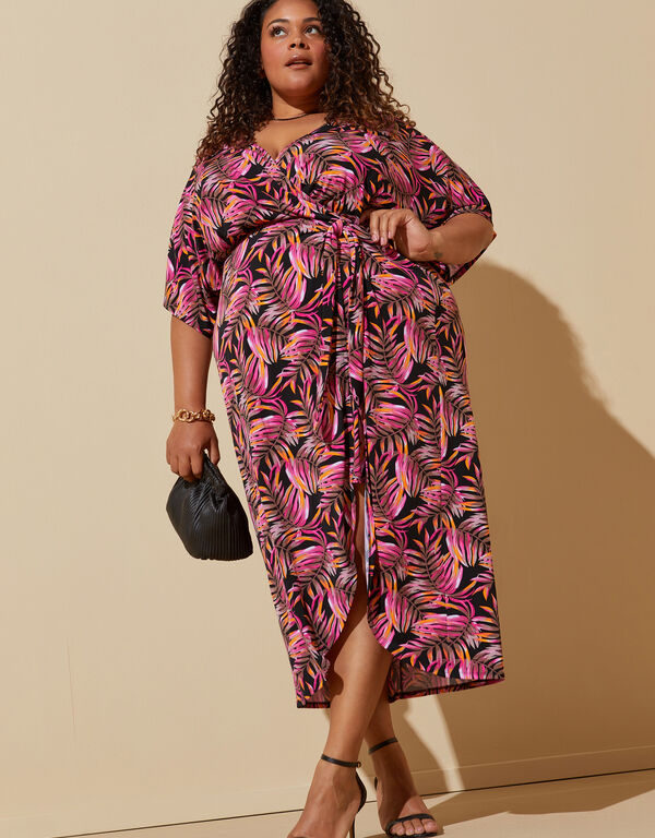 Palm Print Layered Faux Wrap Dress, Black Combo image number 0