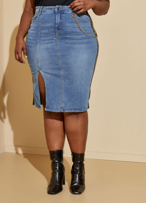 Denim And Faux Leather Skirt, Black Combo image number 4