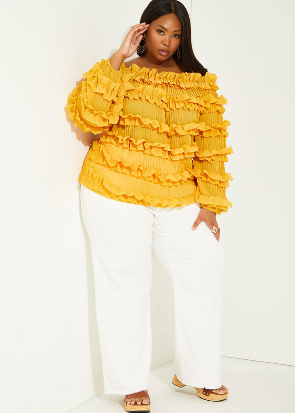 Ruffled Off The Shoulder Top, Nugget Gold image number 2
