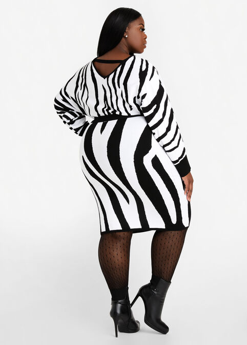 Belted Zebra Sweater Dress, Black White image number 1
