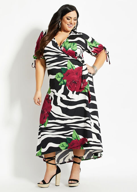 Belted Floral Zebra Wrap Dress, Black Combo image number 0