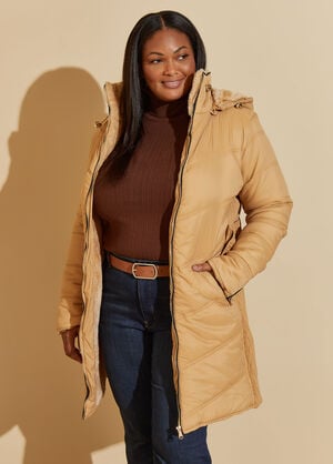 Ribbed Paneled Hooded Puffer Coat, Gold image number 0