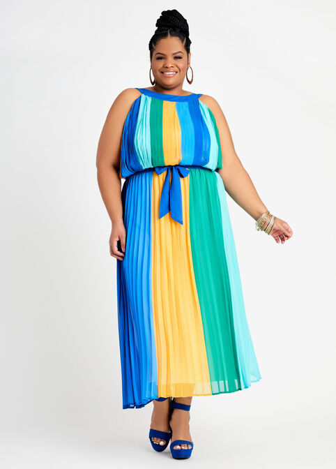 Belted Colorblock Plisse Dress, Blue image number 0