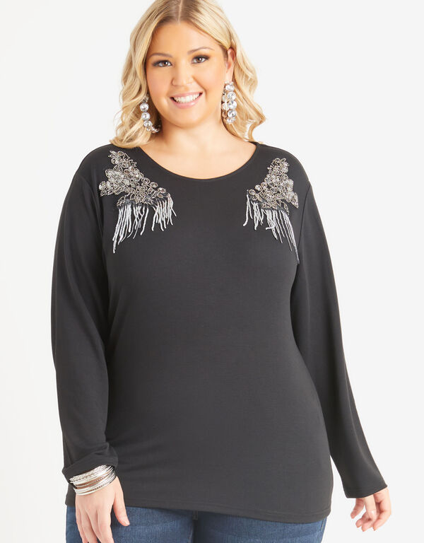 Appliqued French Terry Top, Black image number 0