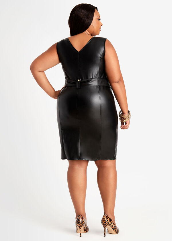 Belted Faux Leather Bodycon Dress, Black image number 1