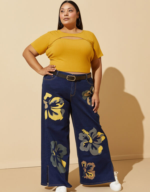 High Rise Floral Wide Leg Jeans, Dk Rinse image number 0
