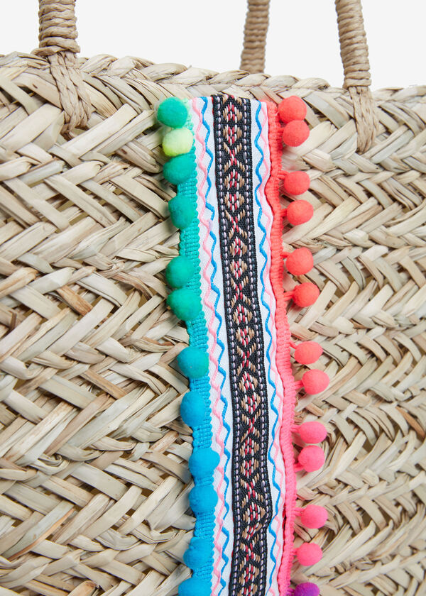 Pompom Embellished Straw Tote, Natural image number 2