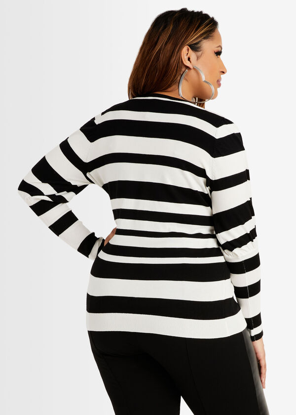 Stripe Puff Sleeve Sweater, Black White image number 1