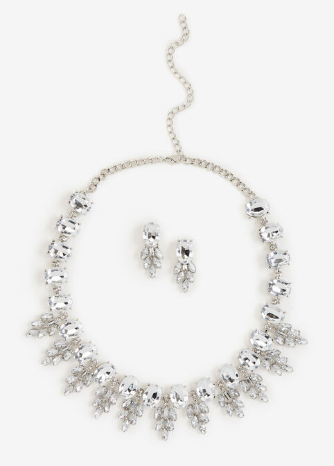 Crystal & Stones Necklace Set, Silver image number 0