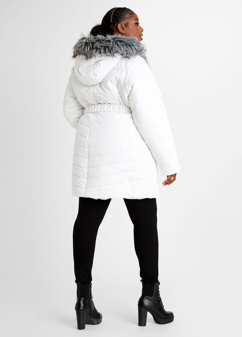 Belted Fur Trim Hooded Puffer Coat, White image number 1