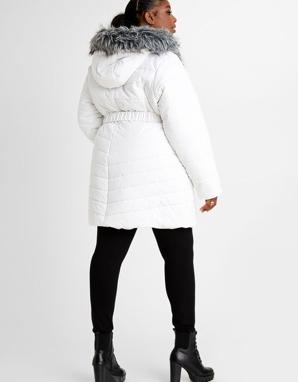 Belted Fur Trim Hooded Puffer Coat, White image number 1