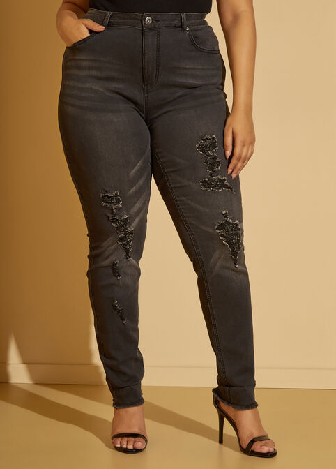 Cuffed Distressed Skinny Jeans, Black image number 3
